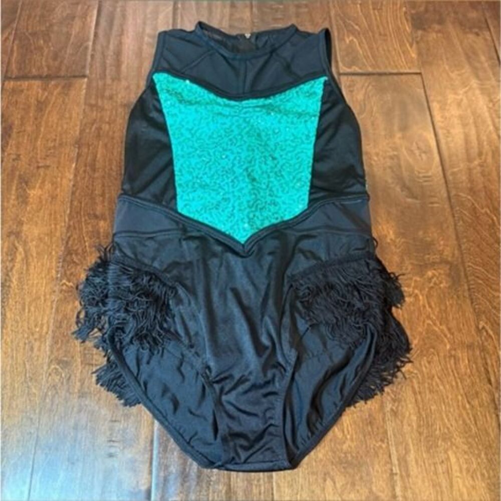 Weissman What Is Jazz Teal Blue Sequin Fringe Leotard size Child XL Dance
